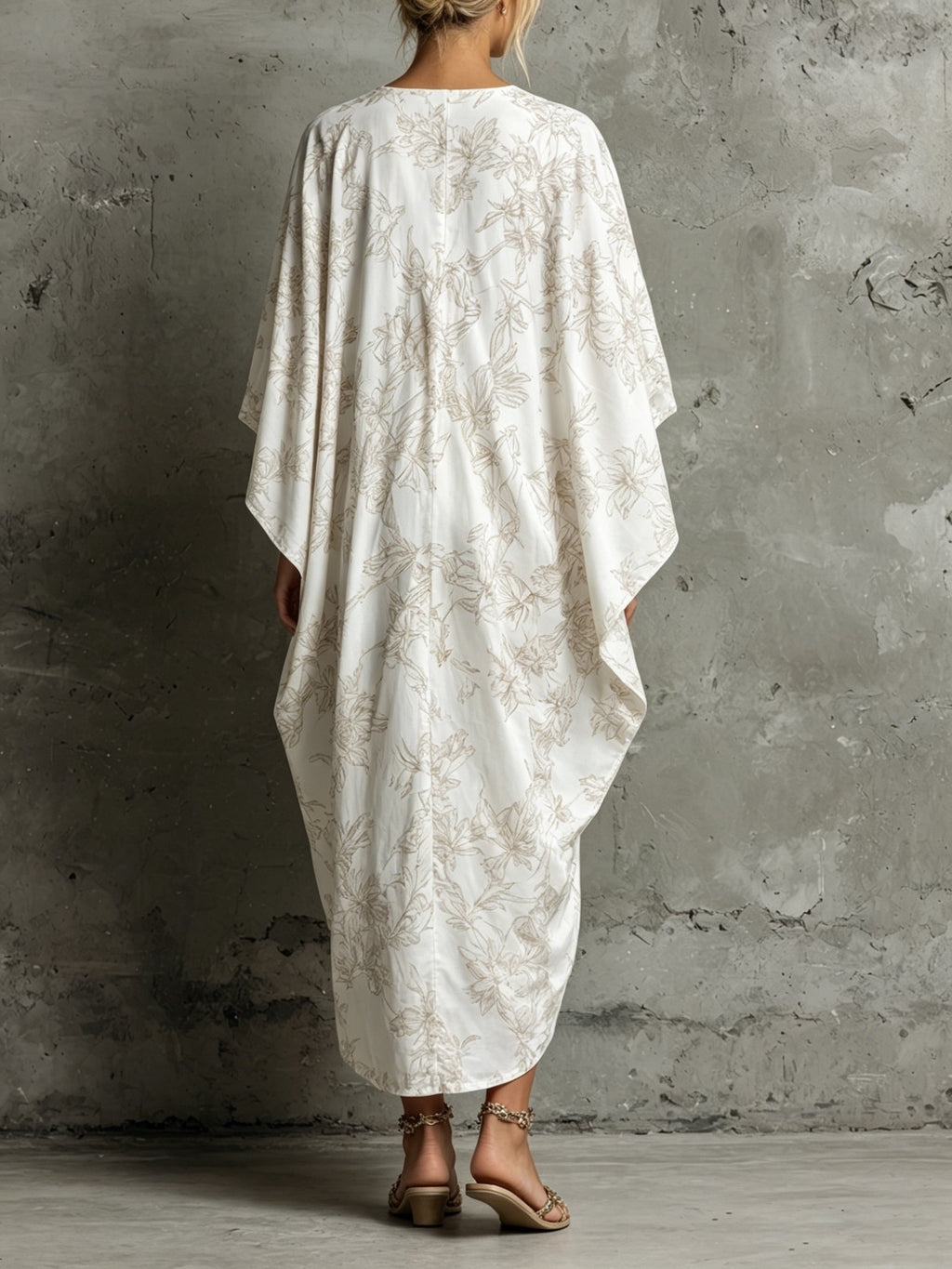 White & Beige Floral Print Kaftan Dress