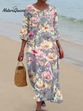 Women's Retro Purple Floral Print Pocket Cotton Dress