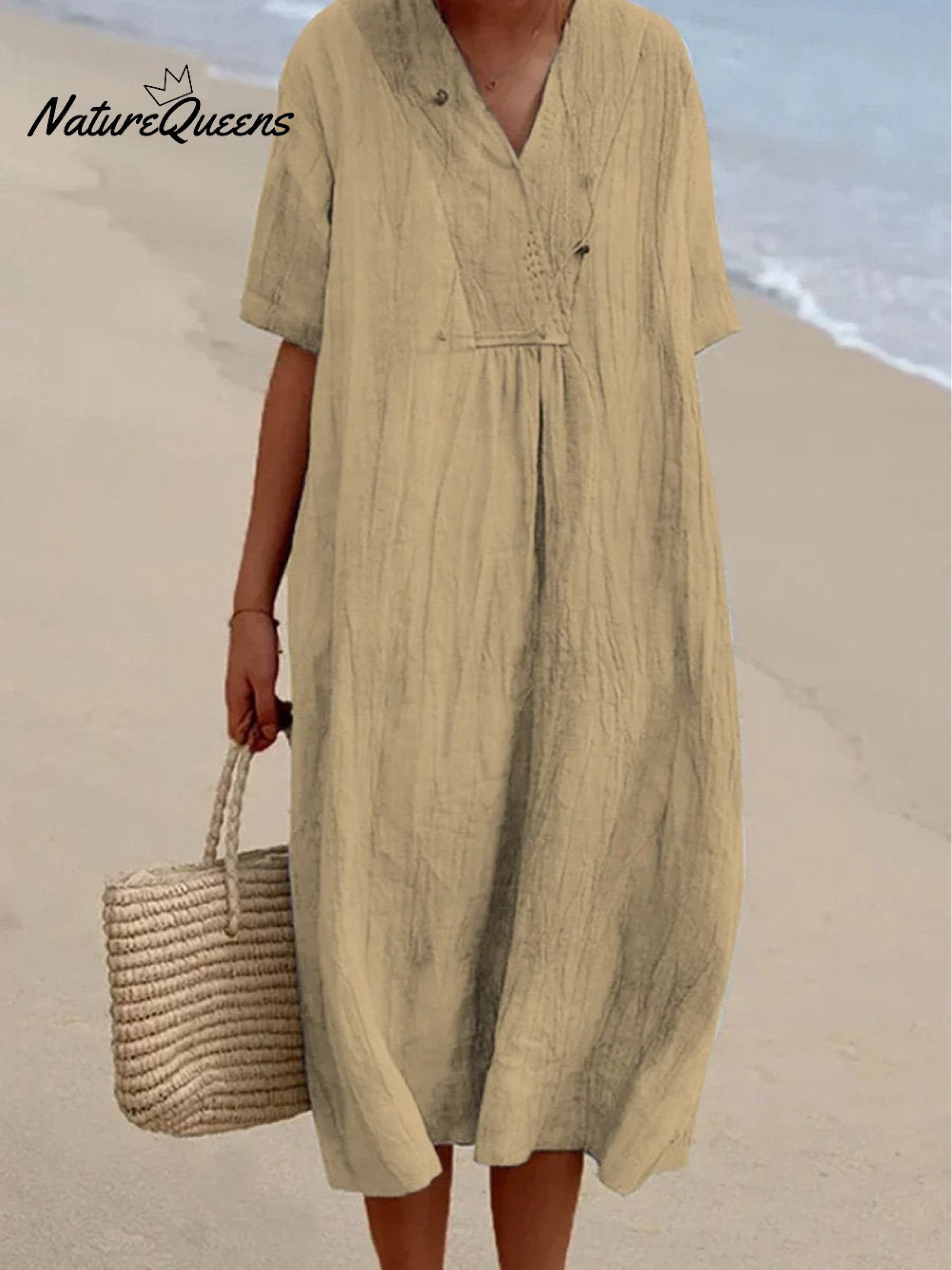 Women's Solid Color Cotton And Linen Short Sleeve Dress