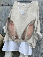 Women's Easter Vintage Bunny Art Print Casual Cotton And Linen Shirt