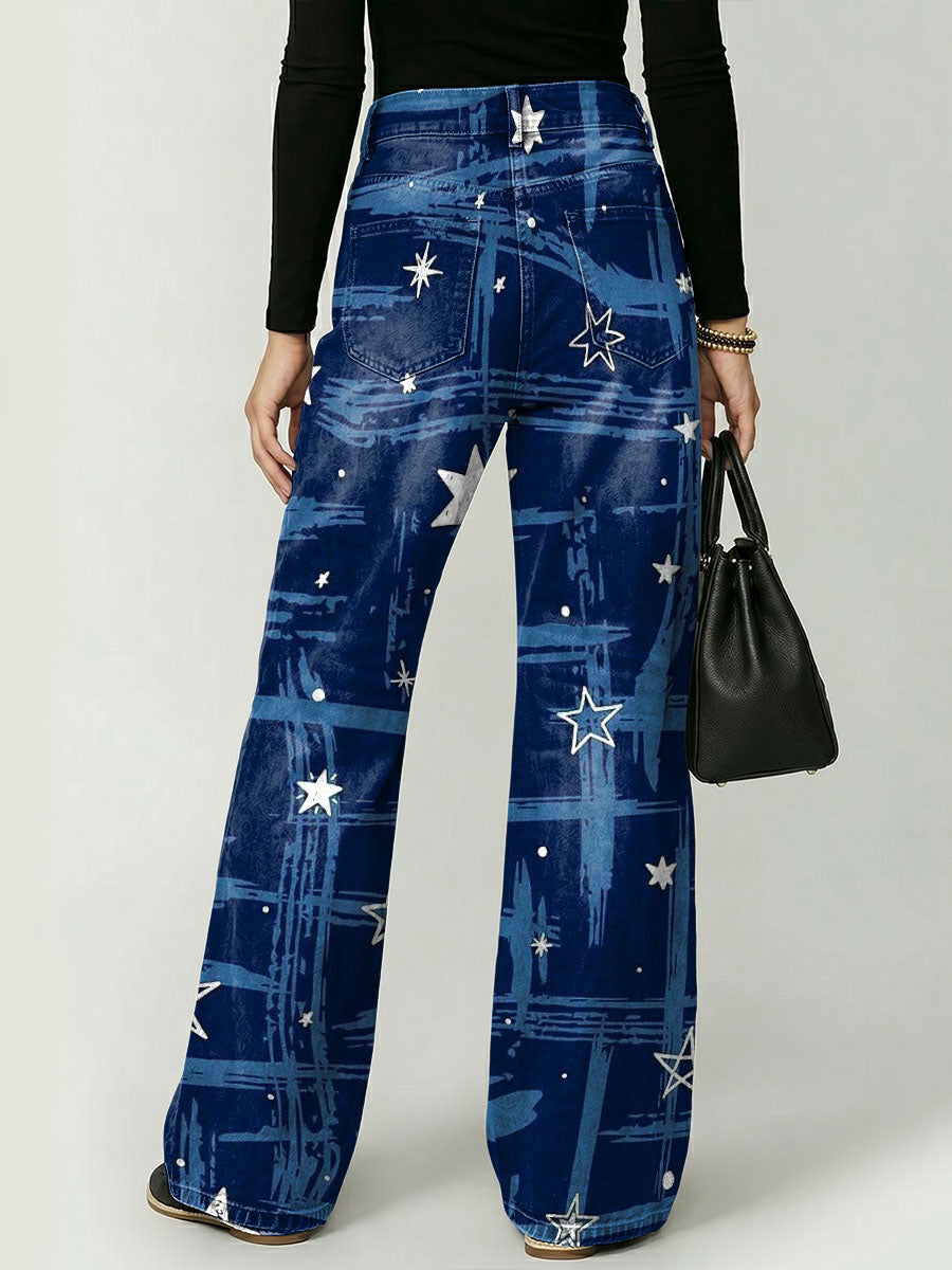 Graffiti-style Drawings And Star Decorative Patterns Women's Casual Cotton Denim Pants