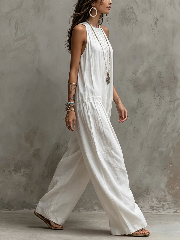 Women's Simple Cotton And Linen Wide-leg Jumpsuit