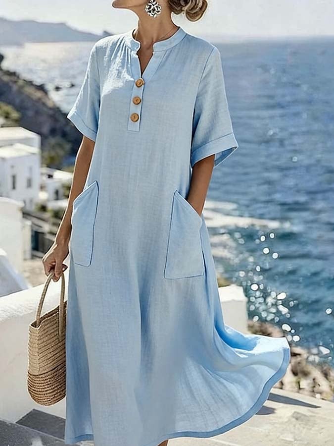 Women'S Casual Solid Color Button-Down Dress With Pockets