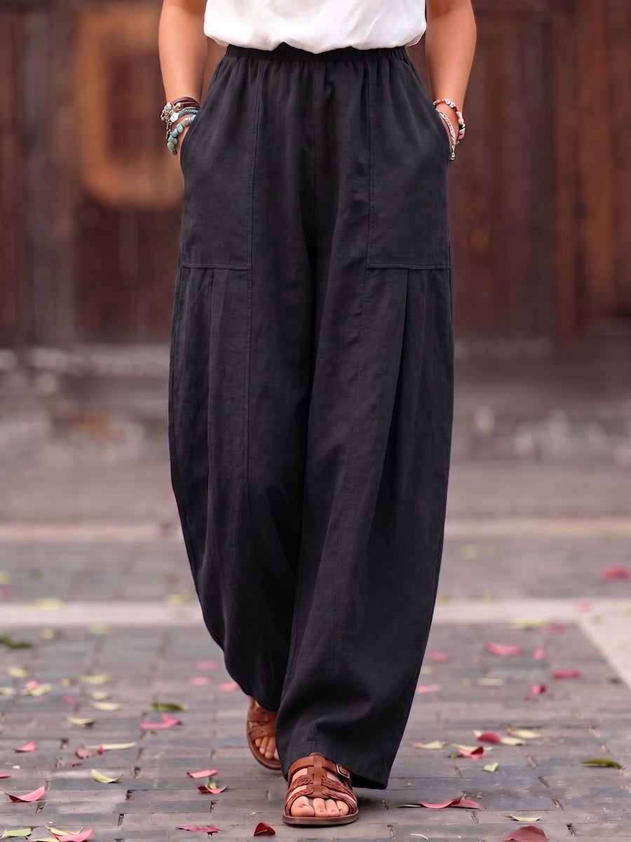 Cozy Casual Pleated Cotton-linen Wide-leg Pants