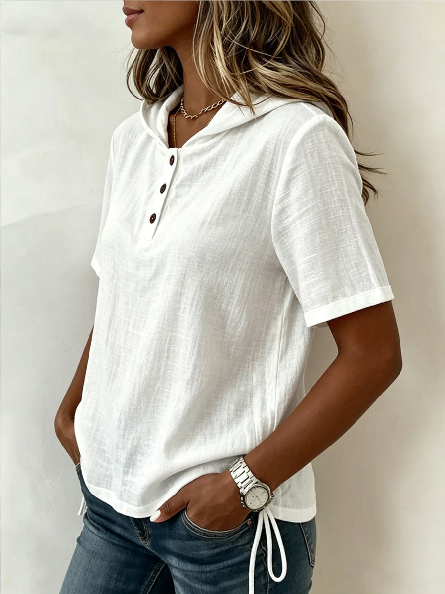 Women's Retro Loose-fit V-neck Hooded T-shirt — Solid Color Casual Short Sleeve