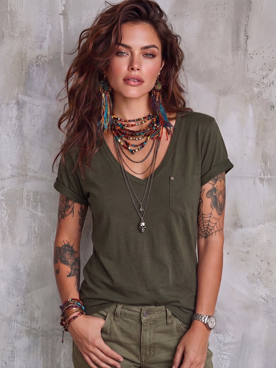 Casual Cozy V-neck Cotton T-shirt