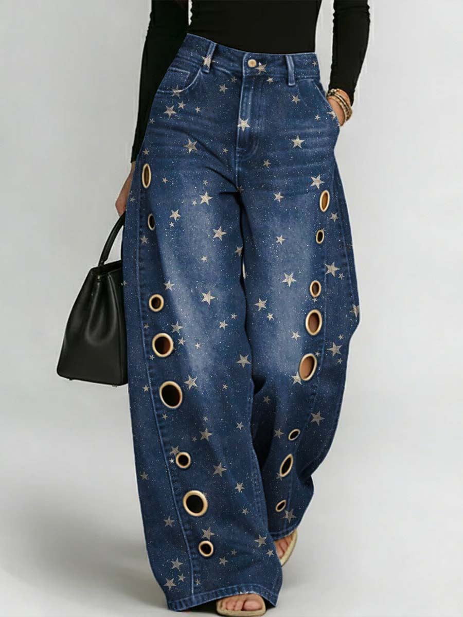Women's Retro Stars Art Print Casual Stylish Hollow Denim Pants