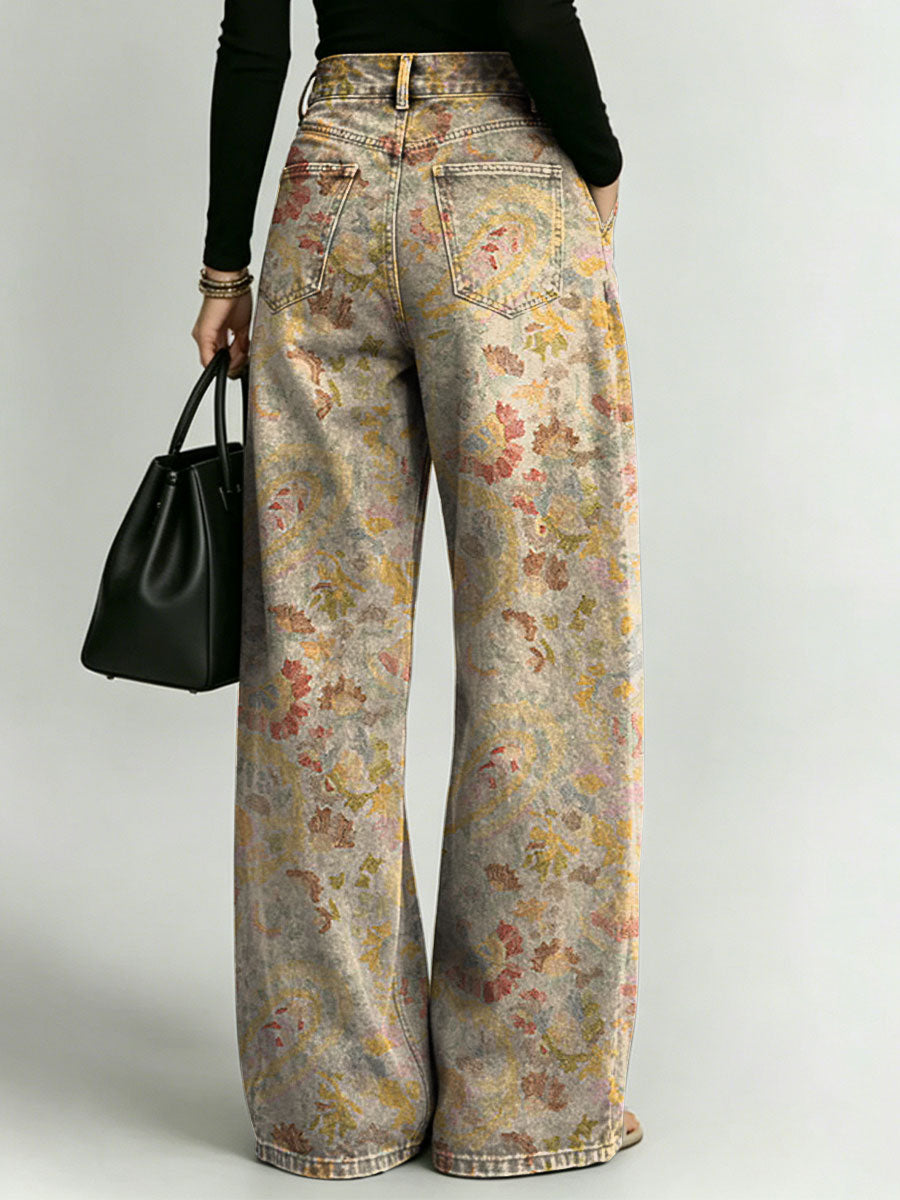 Women's Retro Pattern Printed Stylish Cutout Casual Denim Jeans