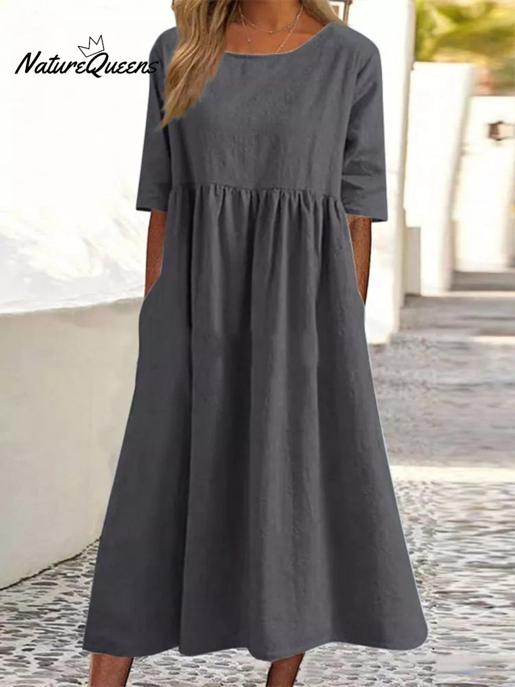 5-quarter Sleeve Casual Loose Solid Color Cotton and Linen Dress