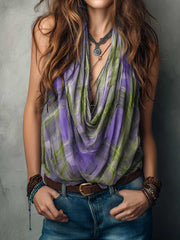 Women's Cowl-neck Sleeveless Loose-fit Casual Plaid Print Top
