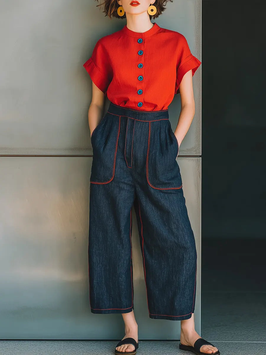 Women's Cotton And Linen Top With Button Decoration