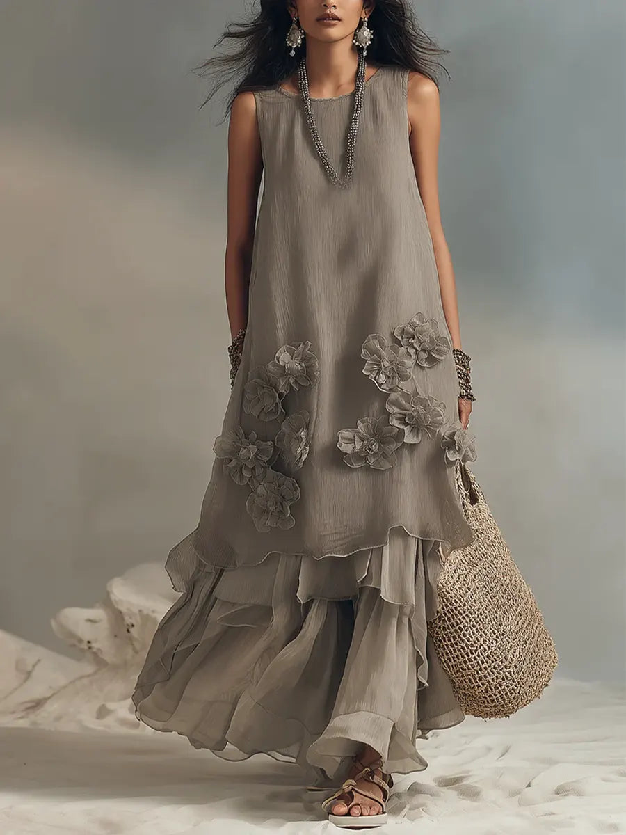Women's Sleeveless Cotton And Linen Dress With 3d Floral Decoration