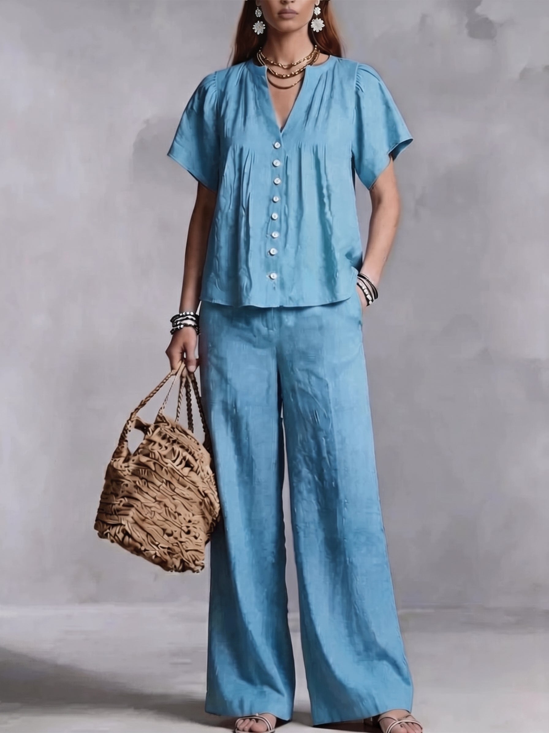 Women's Cotton-Linen V-Neck Casual Set for Beach Vacations